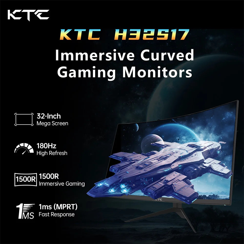 KTC H32S17 Gaming Monitor 32-inch 2560x1440 QHD 180Hz HVA Curved 1500R 300cd/m2 Brightness, 125% sRGB, 1ms(MPRT) Response Time